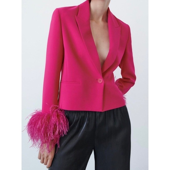 Zara short feather blazer neon fuchsia pink - Picture 16 of 16